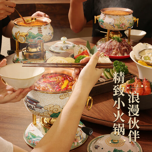 Diston small hot pot pot, one person, one pot, single hot pot, cloisonné copper hot pot special pot, enamel pot, gas inflatable stove, white lotus enamel single copper pot set, 17cm EU certified Taiwan imported stove core