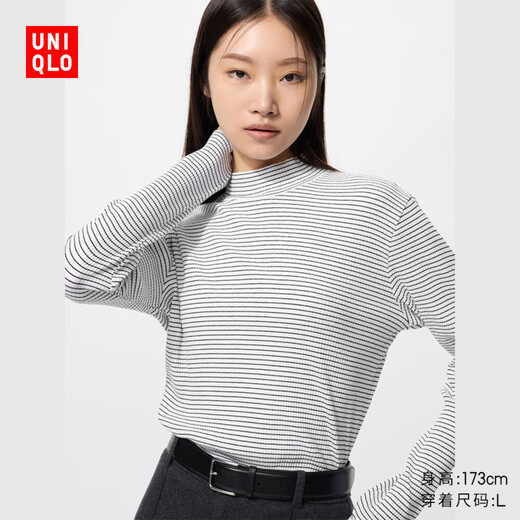 Uniqlo Women's Ribbed Striped Turtle Neck T-Shirt/Long Sleeve Small Turtle Neck Inner 481026 00 White L/160/88A