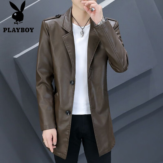 Playboy (PLAYBOY) chaqueta de cuero de longitud media con cuello de traje para hombre, chaqueta de cuero de PU delgada e informal de negocios, chaqueta de traje cortavientos atractiva de color sólido 8810 negro de longitud media 3XL (145-158Jin Jin equivale a 0,5 kg)