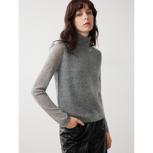 ELLE French Sheep Alpaca Gray Sweater Women's 2025 Winter New High Neck Design Knitted Sweater Light Gray S