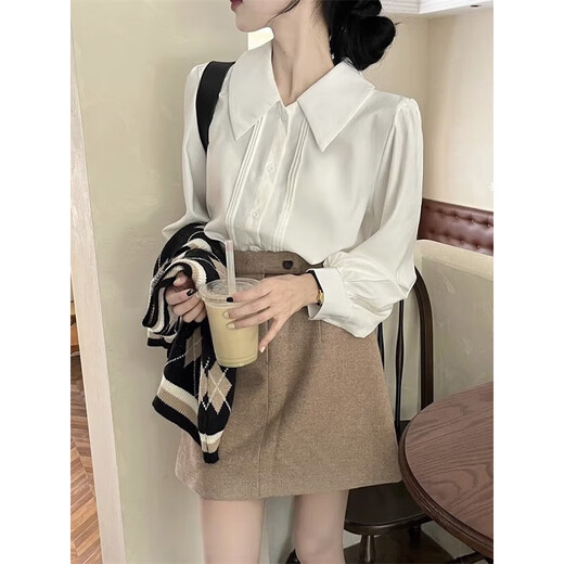 Jiangong high-end white shirt for women in spring and autumn with design niche polo collar long-sleeved shirt layered vest top white (white fabric slightly see-through) M (90-105Jin Jin equals 0.5 kg)