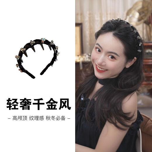 Japanese and Korean temperament velvet rhinestone wavy hairband with teeth and anti-slip new style 2025 autumn and winter broken hair face wash headband hair accessories black - velvet rhinestone black long hair 1cm