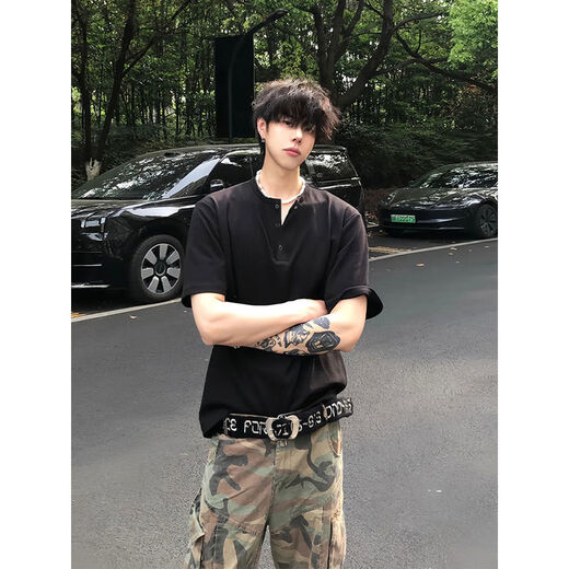 Black waffle Henry collar short-sleeved men's handsome T-shirt American polo shirt cleanfit bottoming shirt floral gray upgraded model XL XL recommended 135-150Jin Jin equals 0.5 kg