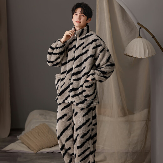 LangSha couple pajamas for winter, one man and one woman, warm flannel thickened cardigan, casual and can be worn outside, autumn and winter home clothes, female 88659 + male 88660 M female + L male