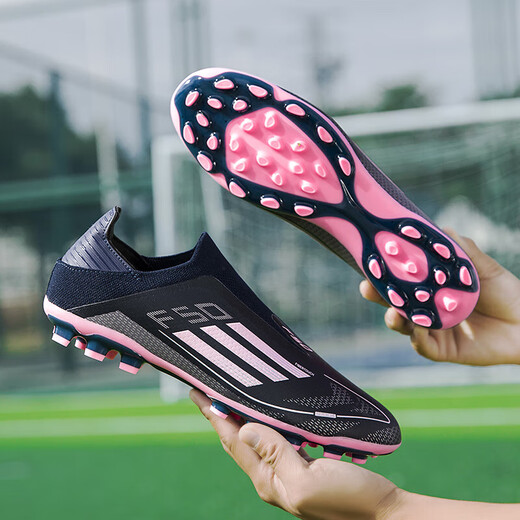 Cristiano Ronaldo F50 football shoes Mercurial 19AG long spikes for men and women, children, adults, low-top grass training non-slip breathable shoes, black pink plum spikes--Zhuo's 966 37