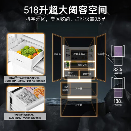 Casarte original stone series 518 liter French multi-door refrigerator 594MM professional ultra-thin zero-embedded fully automatic ice making first-class energy efficiency national subsidy up to 15% off white