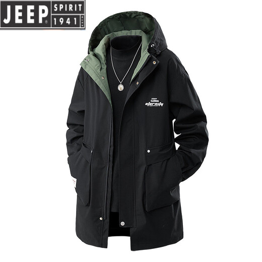 JEEP SPIRIT秋冬加绒中长款风衣外套男2025冬季连帽棉衣加厚保暖大码夹克工装 黑色 加绒 2XL