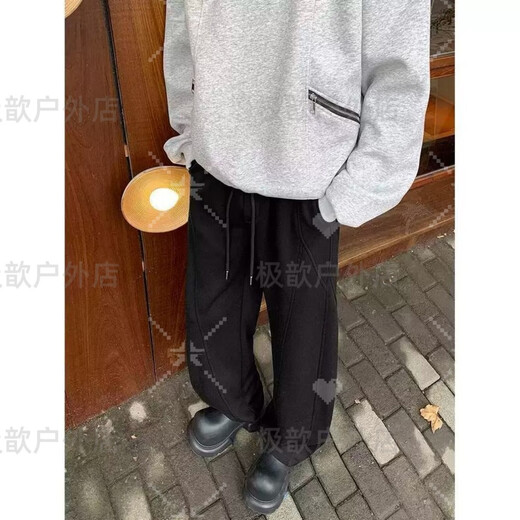 Tanbeiman Willow Leaf Cut Pants 3D Crotch Scimitar Sweatpants Men's Autumn and Winter American Style Handsome Feeling ootd Lift Flared Pants Black M