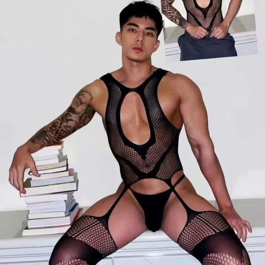 Male and female role-playing suspenders and stockings, sexy and tempting thong open crotch black silk stockings, 3 pieces randomly sent (please contact customer service to specify) men's sexy underwear and stockings