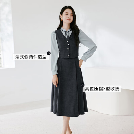Xiangying francés Falso falso de dos piezas Vestido que abraza la cintura para mujeres 2025 Autumn New Stand Collar High Intelligence Suparing Falda de manga larga Gray M 160/84a/95-110Jin [Jin equivale a 0.5 kg]