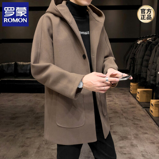 ROMON windbreaker jacket men's autumn and winter Korean style trendy casual and handsome cotton thickened mid-length hooded loose woolen coat off-white cotton M 90-115Jin Jin equals 0.5 kg