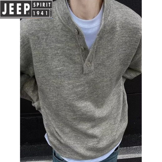 JEEP SPIRIT American retro Henley collar sweater for men, autumn and winter, lazy, high-end, casual, men's inner base sweater, dark gray 2XL