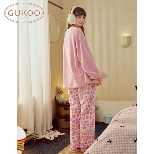 Gukoo pajamas for women winter Disney and Mary Cat joint plush warm and sweet leopard print women's home wear set D peach pomelo set S
