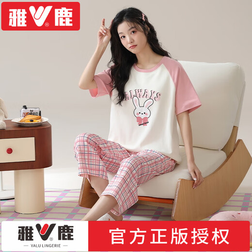 雅鹿睡衣女士夏季纯棉V领短袖七分裤宽松休闲可外穿春家居服套装凉感 品牌T-9855(短裤套装) M (80-100斤)