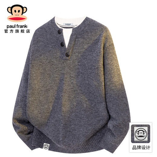 Big-mouthed monkey (paul frank) fake two-piece Henry collar sweater men's autumn and winter new trendy brand loose sweater warm solid color casual top gray autumn new product M recommended 90-115Jin Jin equals 0.5 kg