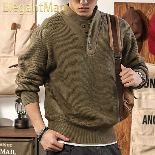 ElegantMan American retro Henry collar sweater men's khaki 2025 winter new thickened warm knitted bottoming shirt Henry shirt green khaki S