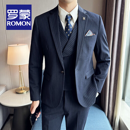 ROMON Light Luxury High-end Striped Suit Men's Business Casual Professional Formal Wear Groom Wedding Banquet Suit Dress Gray Suit + Suit + Vest XL Size (Free Brooch + Pocket Square)