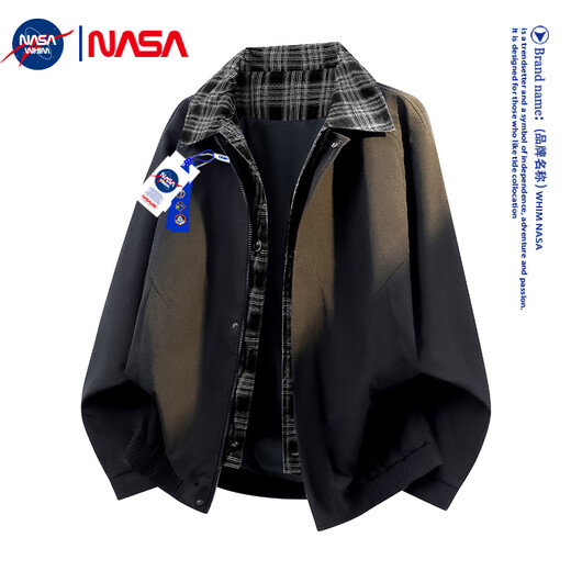 WHIM NASA autumn jacket men's loose trendy casual workwear jacket men's lapel fake two-piece trendy plus size tops black XL (120-140Jin Jin equals 0.5kg)