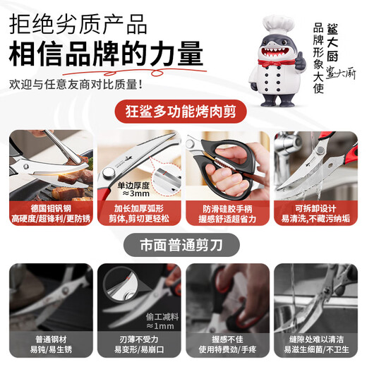 MAD SHARK Ciseaux de cuisine allemands, multifonctionnels, détachables, de qualité alimentaire, ciseaux de barbecue en os de poulet, acier inoxydable, noir + couvercle magnétique | Qualité alimentaire importée d'Allemagne