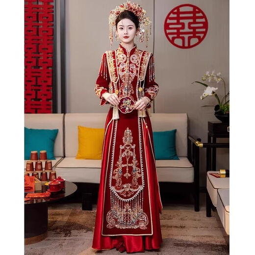 Yuandi Xiuhe dress bride 2025 new wedding Chinese style toasting dress small dragon and phoenix gown autumn tassel Xiapei upgraded version free butterfly headdress M