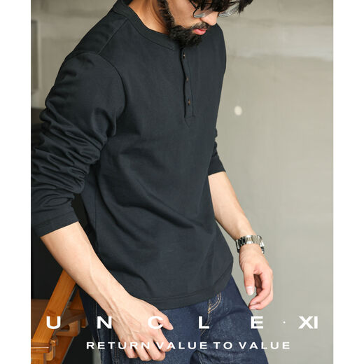 New CBD Elite Heavyweight 320g American Henley Collar Long Sleeve T-Shirt Men's Breasted Spring and Autumn Casual Bottoming Shirt White M M