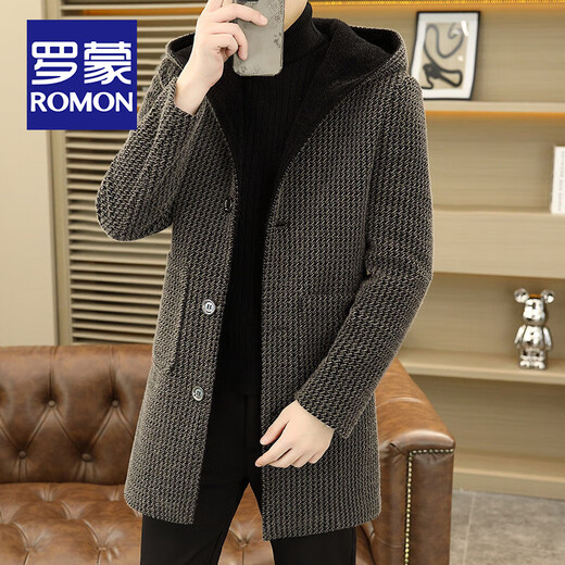 ROMON gold mink hooded woolen coat men's autumn and winter trendy casual mid-length windbreaker jacket thickened woolen coat 2355 gray L about 105-120 Jin Jin equals 0.5 kg can be worn