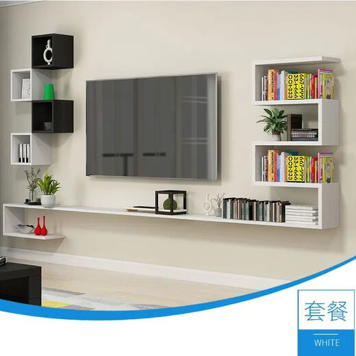 Qiao Bo Lai simple living room suspended wall-mounted TV cabinet decorative rack wall storage rack square cabinet wooden frame multi-layer total length 160cm black and white