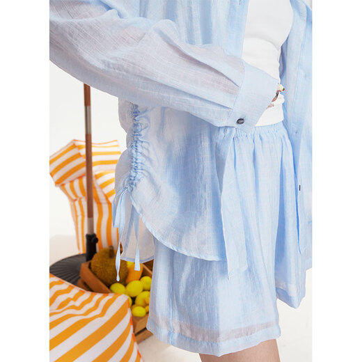 Fairy's Pocket Lightweight Sunscreen Two-piece Set 2025 Summer New Casual Commuting Slim Shirt Shorts Set Refreshing Blue S