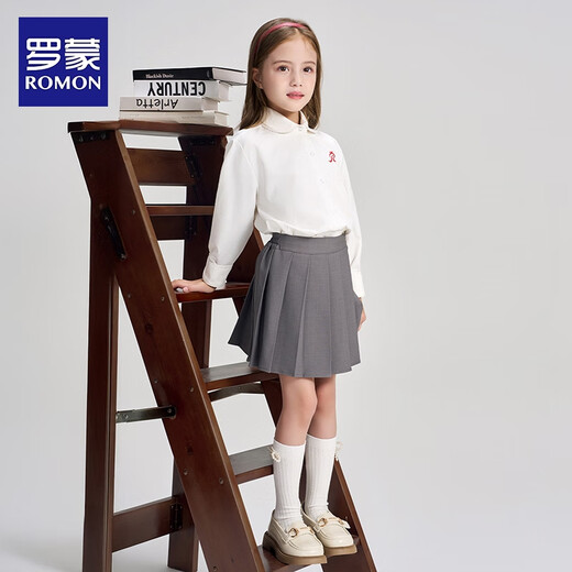 Romon children's clothing French preppy shirt girls autumn lace doll collar top embroidered white shirt white 120