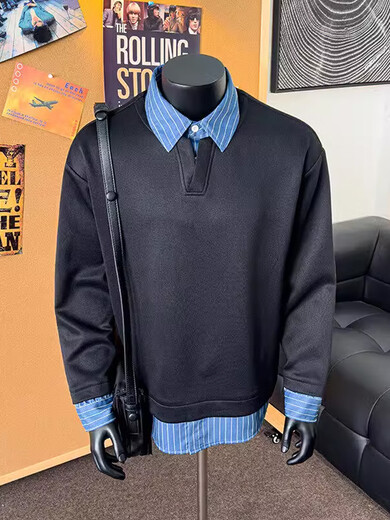 Gray fake two-piece shirt collar sweatshirt for men, spring American polo shirt, Henry collar long-sleeved T-shirt inner top, white floral gray, upgraded style M, priority for collection and purchase b