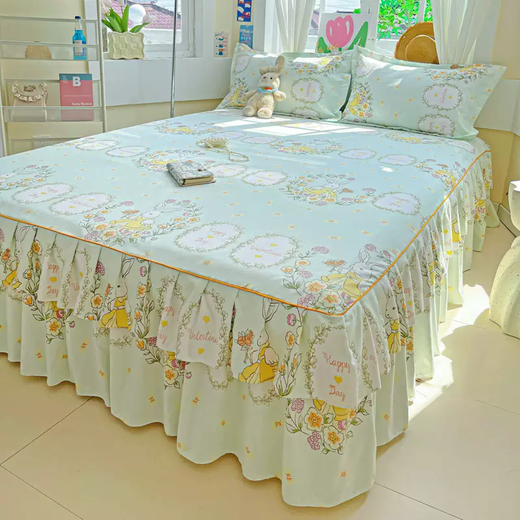 Yusenyi thickened pure cotton bed skirt single piece simple style double cotton fitted sheet cover with skirt bed cover bed apron cover blueberry cheese 120x200cm (bed skirt-pillowcase pair)