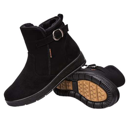 Old winter snow boots, flat short boots, short anti-slip cotton boots, plus velvet, warm and thick-soled cotton shoes, black 35, shipped immediately