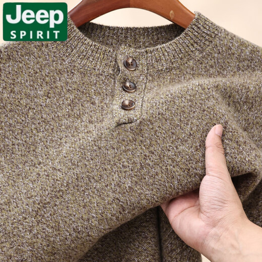 JEEP SPIRIT Wool Sweater Men's 2025 Autumn and Winter New Henley Collar Warm and Versatile Casual Bottoming Sweater Men's Sand Brown XL 180/96A(115)