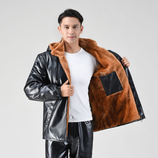 淇丝蔓皮衣皮裤加绒套装加厚冬季外卖代驾宽松骑行防油防水外套工作服 加绒皮衣+护腰护膝套装 加厚 3XL 建议135-165斤