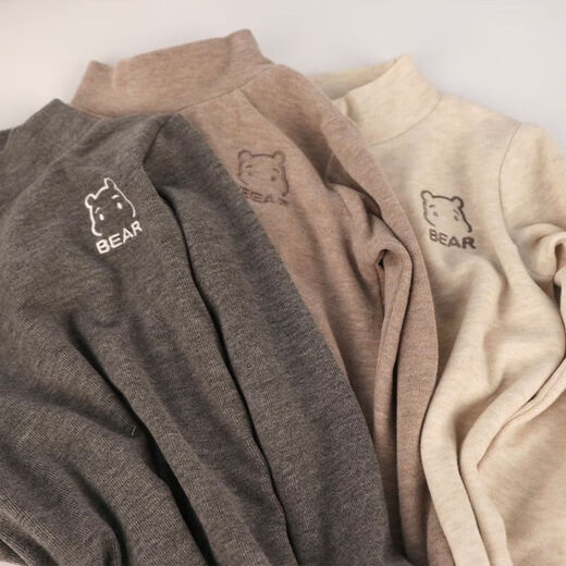 Children's long-sleeved T-shirt for boys and girls in autumn and winter embroidered bear half turtleneck top baby warm inner layering shirt khaki + beige color two-piece set 100