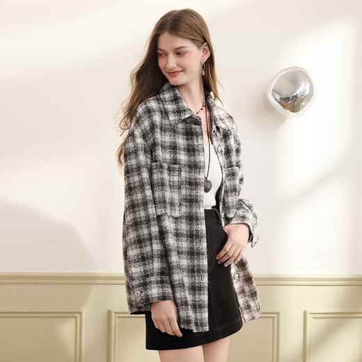 Xiangying retro coffee color plaid shirt for women 2025 winter new style wool long-sleeved loose lapel shirt jacket Kage M 160/84A/95-110Jin Jin equals 0.5 kg