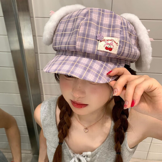 Midele Rabbit Ears Beret Cute Plaid Rabbit Ears Bow Patch Beret Women's Large Head Circumference Shows Face Small Octagon Purple Plaid Rabbit Ears Beret M (56-58cm)