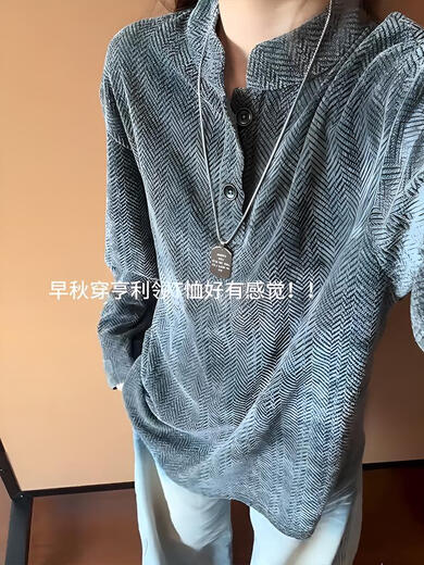 Yingtang Xiaoxiangfeng Jacquard Henry Collar Heavy Sweater Men's and Women's Autumn and Winter Retro Herringbone Polo Shirt American Gray XL