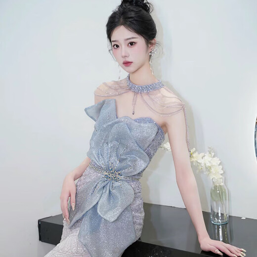 Mermaid evening dress for women 2025 new style high-end atmosphere niche French annual meeting host evening dress gray blue M 85Jin Jin is equal to 0.5kg -90Jin Jin is equal to 0.5kg. Card code to shoot large