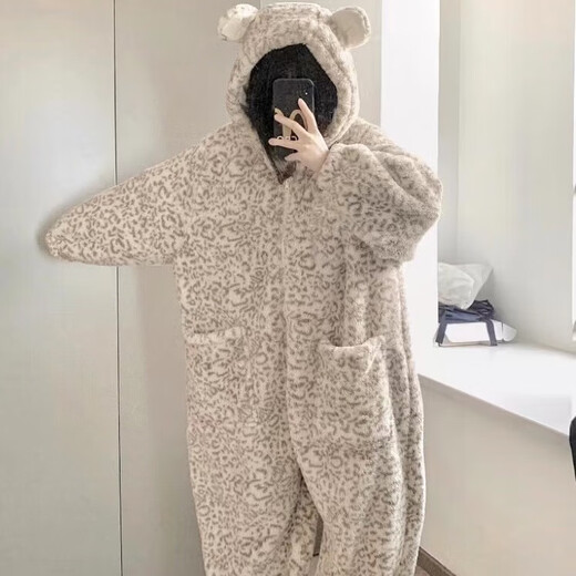 Yu Zhaolin (YUZHAOLIN) winter pajamas for women autumn and winter coral velvet 2025 new thickened cute leopard print one-piece plus velvet hooded nightgown winter