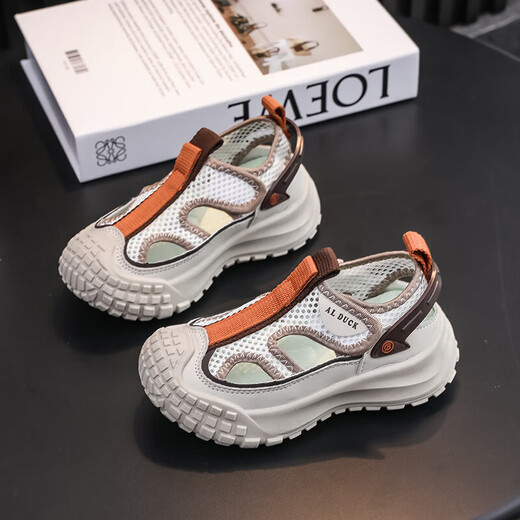 Spring and summer new sports shoes for boys, single net, girls and children's shoes, soft sole casual shoes, trendy khaki 12, size 34, inner length 21.7CM