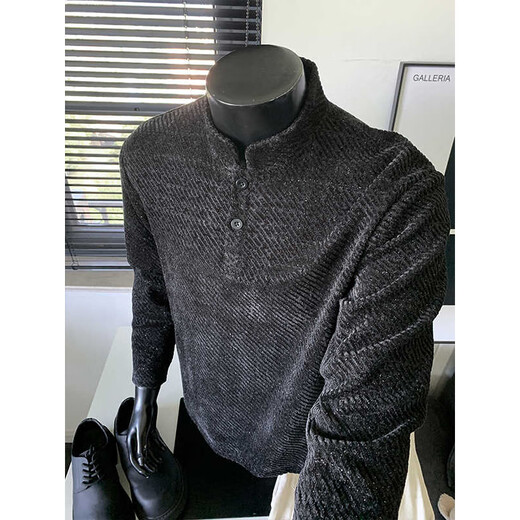 Cantu American shoulder henley collar sweatshirt for men in spring and autumn textured jacquard inner layering shirt loose trendy top black XL