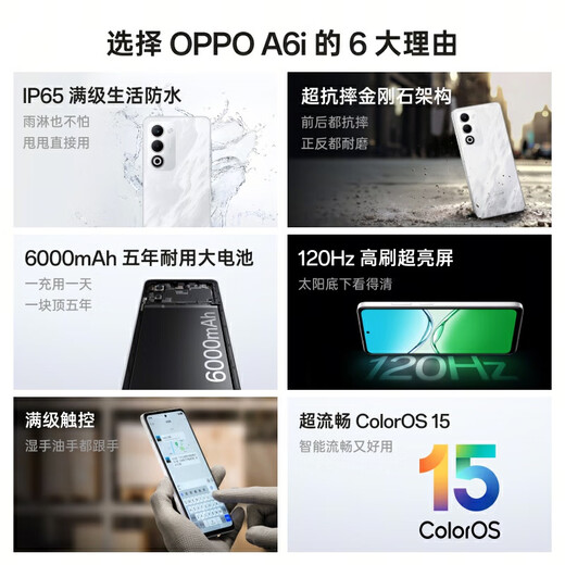 OPPO A6i 8GB+256GB Cloud White IP65 Lifeproof Waterproof Super Anti-fall Diamond Structure 6000mAh Durable Battery 5G Smartphone National Subsidy
