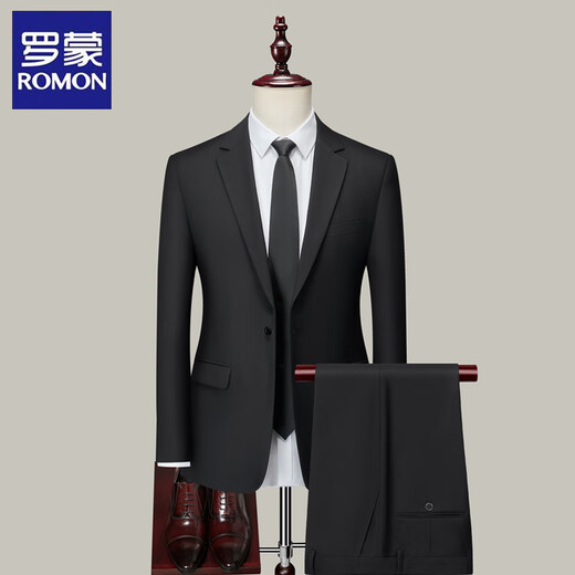 ROMON Suit Men's Slim Professional Formal Wear Business Groomsmen's Wear Groom's Wedding Dress Black XL