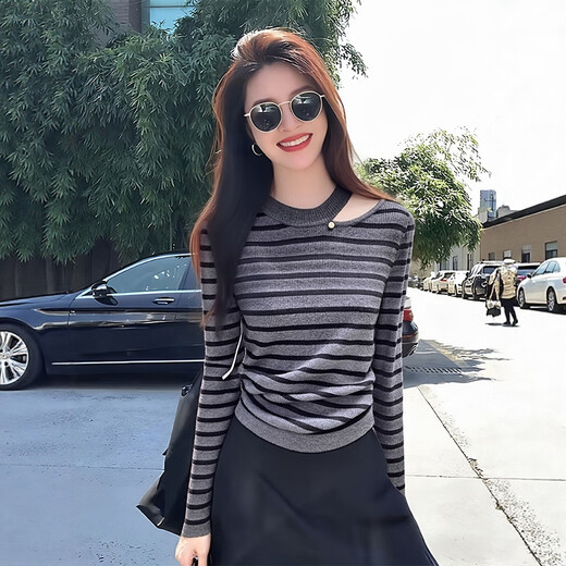 Su Yuwei old money style gray striped hollow knitted bottoming shirt for women in autumn and winter, high-end slim fit inner sweater, shoulder top, dark gray stripes, follow the store - free shipping insurance S (80-95Jin Jin is equal to 0.5kg)