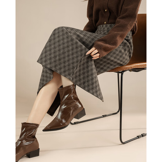 TERRE BLEUE winter hip-hugging skirt high-waisted slim mid-length skirt 25 autumn and winter versatile temperament retro tartan skirt for women