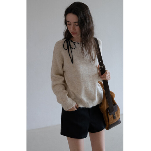 EGGKA Round Neck Rope Lace Furry Variegated Short Sweater Lazy Long Sleeve Top E25A40128AF Dark Gray One Size