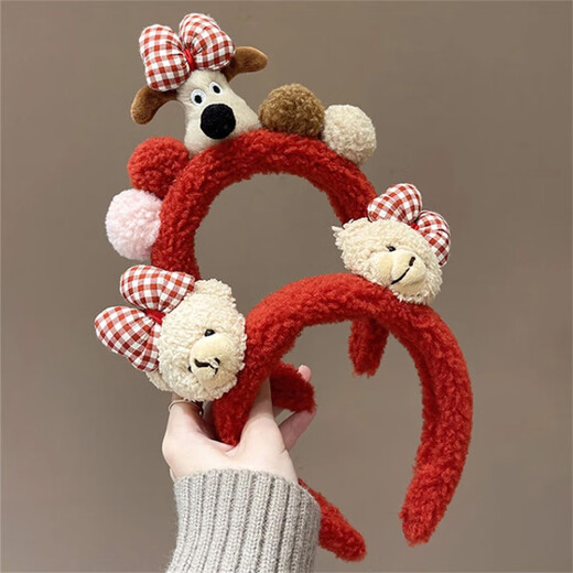 Cute fur ball velvet bow puppy headband hair accessories girl autumn and winter face wash hair hoop mask hairpin headdress red