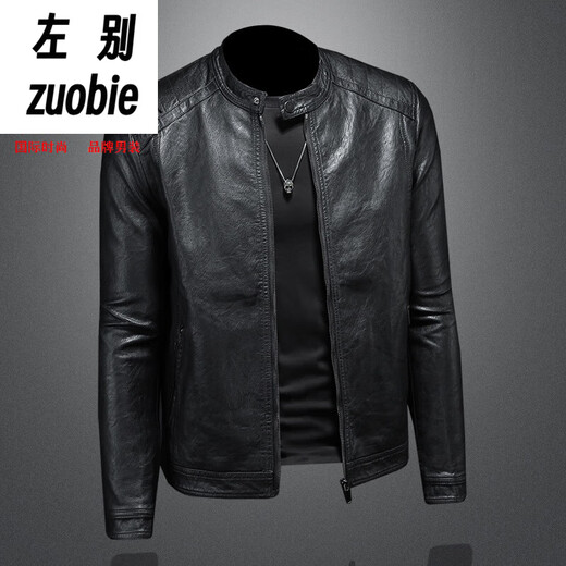 Left: Marvel Venom European and American stand-up collar plus velvet leather jacket for men's motorcycle rider autumn and winter new parka green leather jacket black M