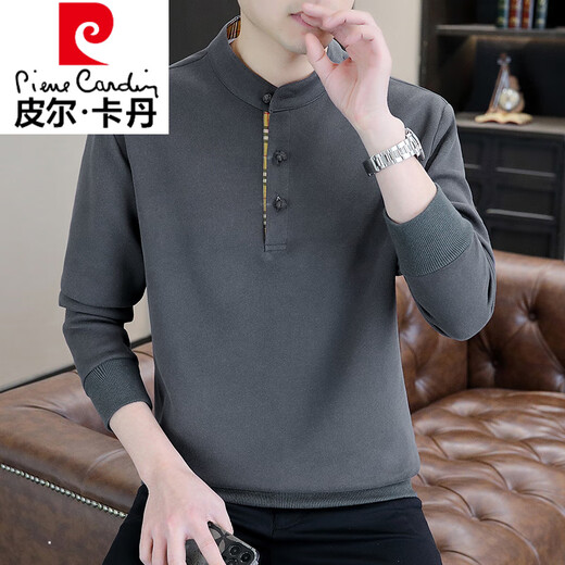 Pierre Cardin Chinese style sweatshirt men's Henry collar spring autumn winter 2025 new velvet thick long-sleeved T-shirt men's base layer autumn W5878 white velvet XL